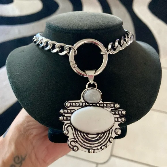 925 Sterling silver overlay crystal quartz & white agate gemstone boho necklace - Picture 8 of 11